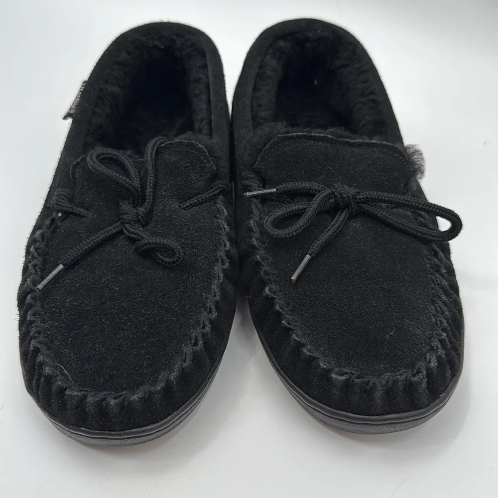 BearPaw Black Suede Moccasin Slippers 1295M-MOC II Sheepskin Size 9 Men